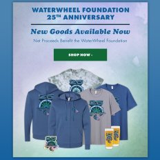 New WaterWheel 25th Anniversary merch is available at Dry Goods now!